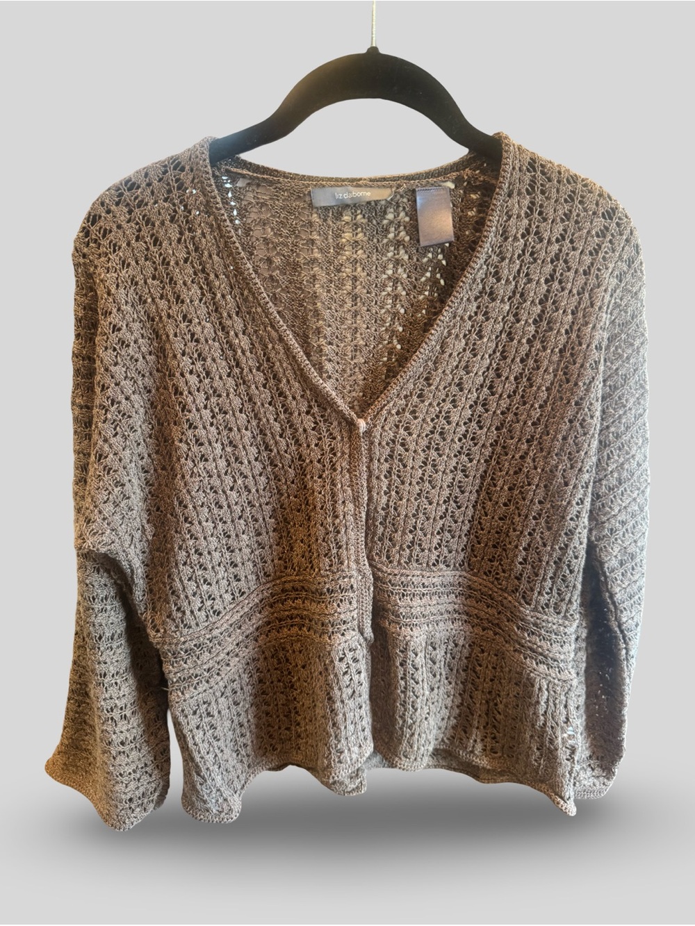 Vintage Liz Claiborne Openwork V-Neck Crochet Cardigan in Taupe Brown